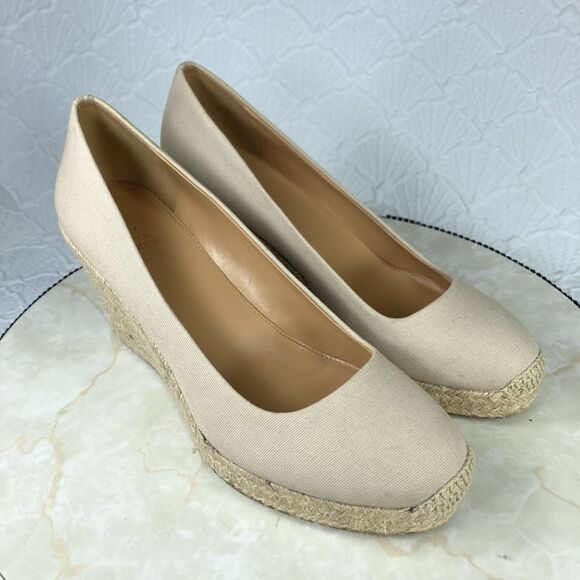 J. Crew Heels Women 9 Beige Canvas Comfort Summer Slip On Espadrille Wedge Pumps - Picture 1 of 14